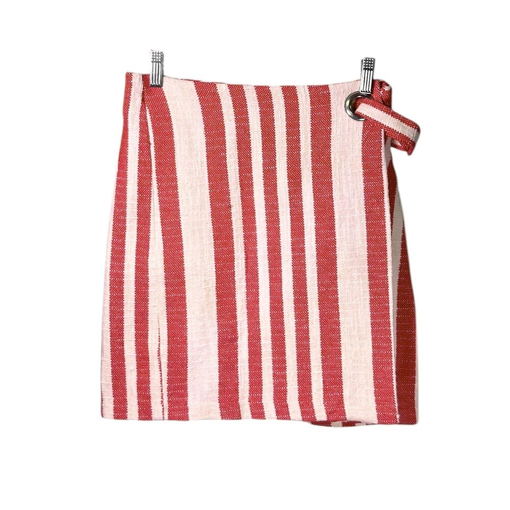 Free People Women's It's a Wrap Skirt Red Tan Striped Burlap Asymmetrical Mini L